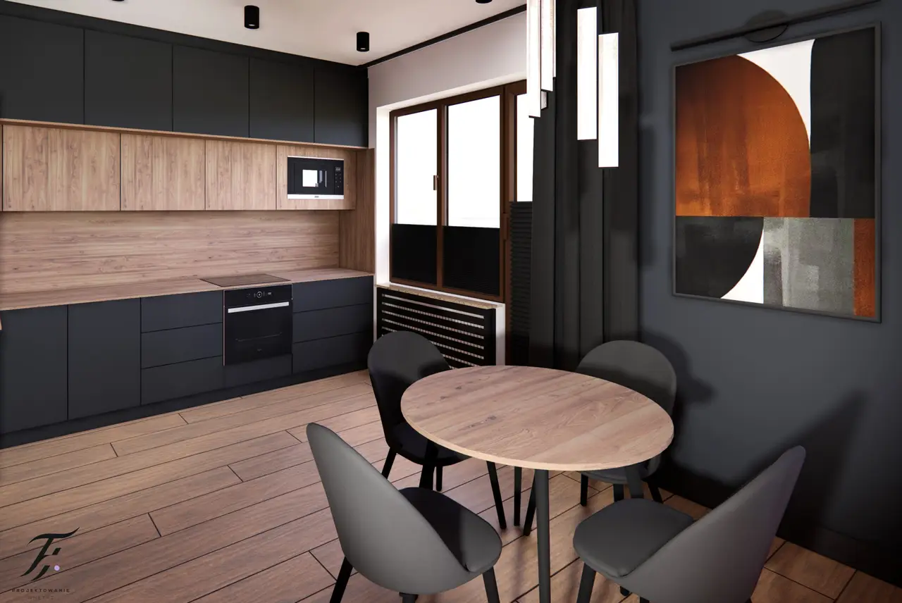 kawalerka czarna kuchnia z drewnem 